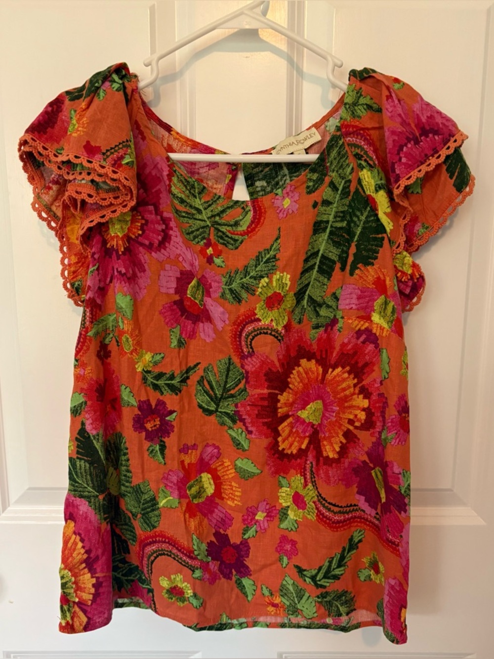 Cynthia Rowley Orange Floral Flutter Sleeve Women's Tops with Keyhole back